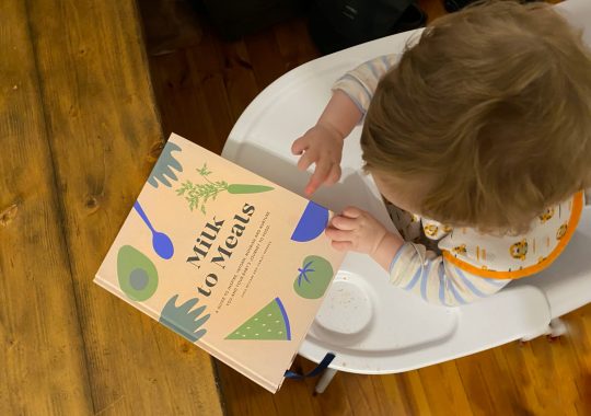 Picture of a baby in a highchair holding the Milk to Meals book written by Boob to Food founder.