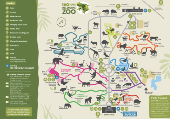 Picture of a Melbourne Zoo map that shows every area of the zoo and all facilities