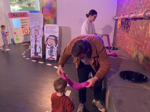 Chaos Lab Melbourne pictures that show the different colour slimes available to play with and the stretchy shapes they make